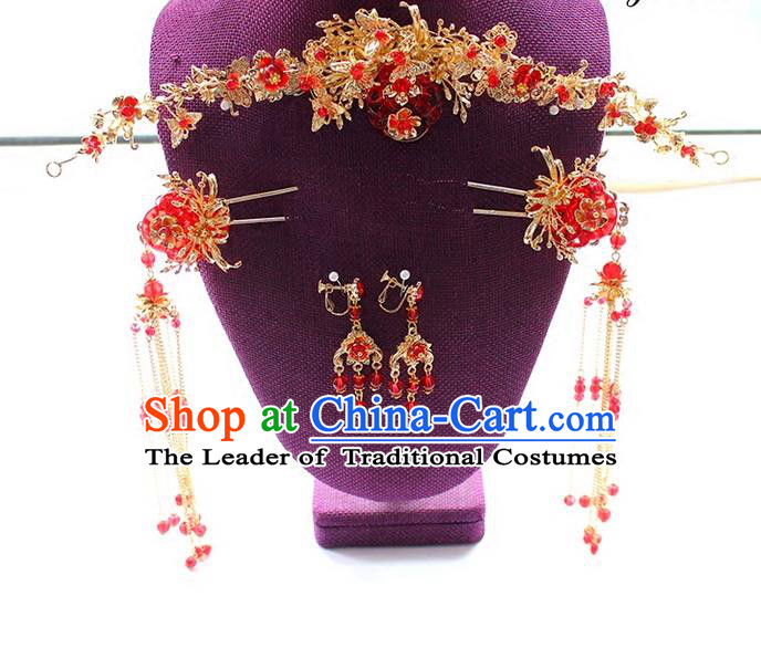 Top Grade Chinese Handmade Wedding Hair Accessories Complete Set, Traditional China Xiuhe Suit Bride Forehead Ornament Hair Clasp Hanfu Tassel Hairpins Headwear for Women