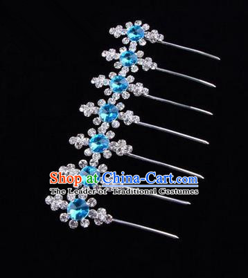 Chinese Ancient Peking Opera Head Accessories Diva Blue Crystal Hairpins, Traditional Chinese Beijing Opera Princess Hua Tan Hair Clasp Head-ornaments