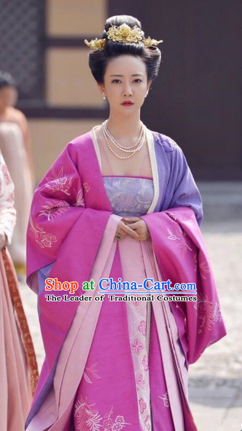 Traditional Ancient Chinese Imperial Princess Costume and Headpiece Complete Set, Elegant Hanfu Clothing Chinese Tang Dynasty Imperial Concubine Embroidered Dress Clothing for Women