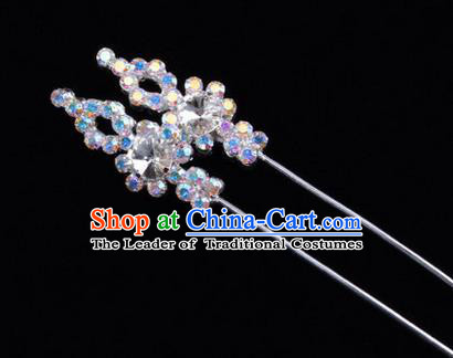 Chinese Ancient Peking Opera Head Accessories Diva Colorful White Crystal Hairpins, Traditional Chinese Beijing Opera Princess Hua Tan Hair Clasp Head-ornaments GuDuo Needle