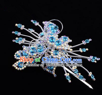 Chinese Ancient Peking Opera Head Accessories Diva Blue Colorful Crystal Butterfly Hairpins, Traditional Chinese Beijing Opera Princess Hua Tan Hair Clasp Head-ornaments