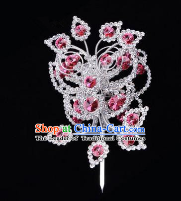 Chinese Ancient Peking Opera Head Accessories Diva Crystal Pink Poppyhead Hairpins, Traditional Chinese Beijing Opera Princess Hua Tan Hair Clasp Head-ornaments
