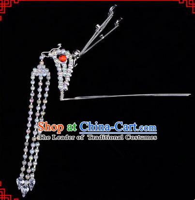 Chinese Ancient Peking Opera Head Accessories Diva White Crystal Long Tassel Phoenix Hairpins, Traditional Chinese Beijing Opera Princess Hua Tan Hair Clasp Head-ornaments