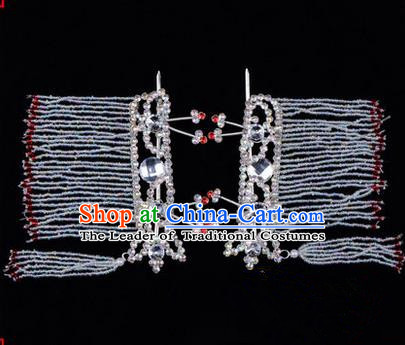 Chinese Ancient Peking Opera Hair Accessories Young Lady Diva White Crystal Hairpins Tassel Temples Curtain, Traditional Chinese Beijing Opera Hua Tan Head Ornaments