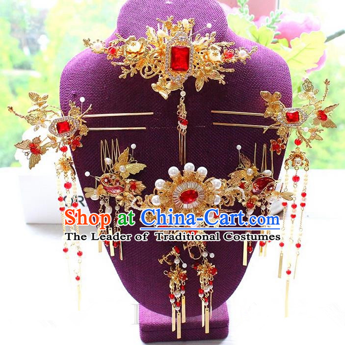Top Grade Chinese Handmade Wedding Red Jade Hair Accessories Complete Set, Traditional China Xiuhe Suit Bride Phoenix Coronet Tassel Hair Comb Headwear for Women