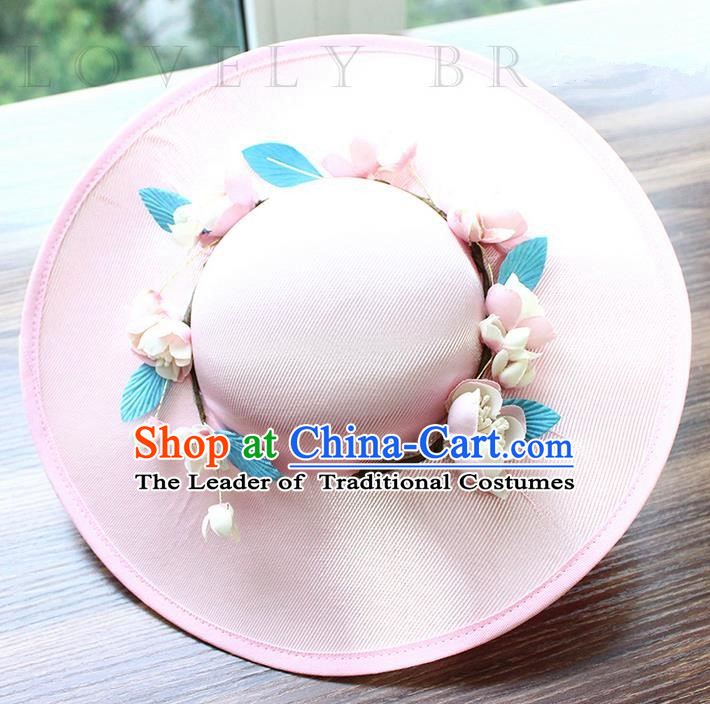 Top Grade Handmade Wedding Bride Hair Accessories Flowers Hat, Traditional Princess Baroque Top Hats Pink Topee Headpiece for Women