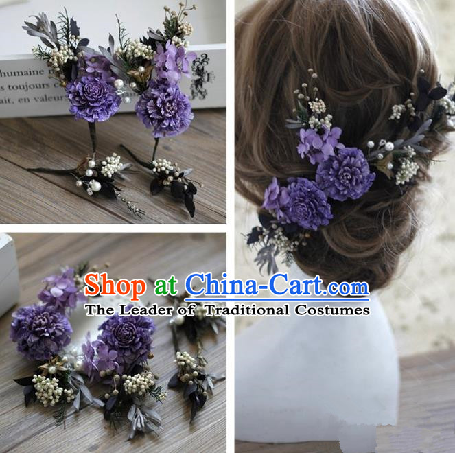 Top Grade Handmade Wedding Bride Hair Accessories Purple Flowers Headwear, Traditional Princess Baroque Hair Stick Headpiece Hairpins Complete Set for Women