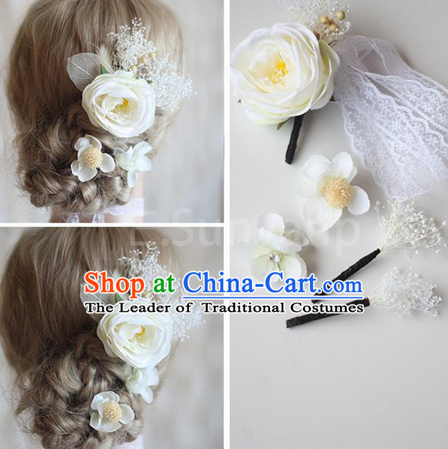 Top Grade Handmade Wedding Bride Hair Accessories White Flowers Hair Clips Complete Set, Traditional Princess Baroque Hair Stick Headpiece for Women