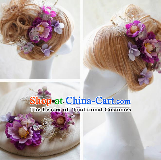 Top Grade Handmade Wedding Bride Hair Accessories Purple Silk Flower Hair Stick Complete Set, Traditional Princess Baroque Hairpins Headpiece for Women