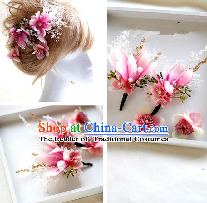Top Grade Handmade Wedding Bride Hair Accessories Pink Flowers Hair Claws, Traditional Princess Baroque Hairpin Headpiece for Women