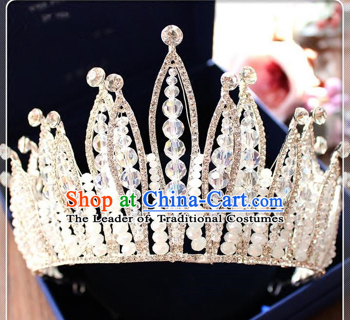 Top Grade Handmade Wedding Hair Accessories Bride Luxury Beads Crown, Traditional Baroque Crystal Royal Crown Wedding Headwear for Women