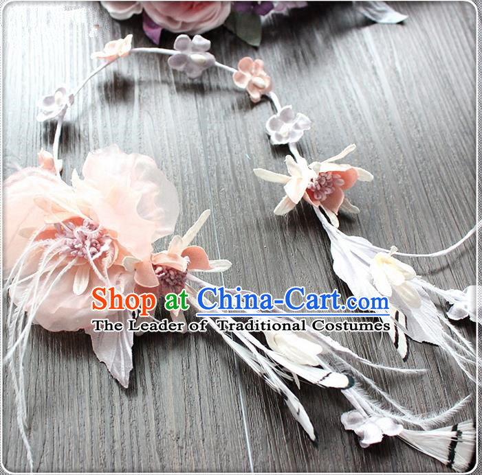 Top Grade Handmade Wedding Bride Hair Accessories Pink Feather Hair Clasp, Traditional Princess Baroque Hair Stick Headpiece Hairpins for Women