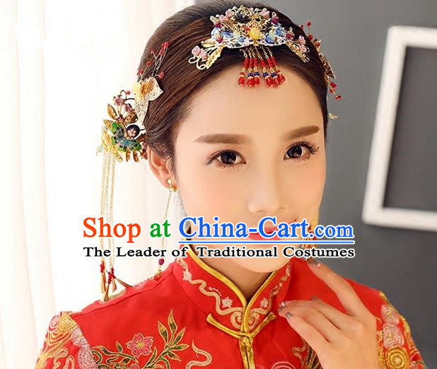 Top Grade Chinese Handmade Wedding Jade Blueing Hair Accessories Complete Set, Traditional China Xiuhe Suit Bride Tassel Hairpins Headwear for Women