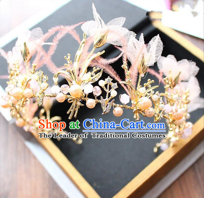 Top Grade Handmade Wedding Bride Hair Accessories Pink Feather Hair Clasp, Traditional Princess Baroque Pearl Hair Clip Headpiece Hairpins for Women