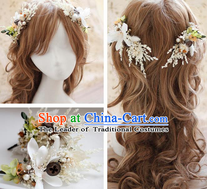 Top Grade Handmade Wedding Bride Hair Accessories White Flowers Headwear, Traditional Princess Baroque Hair Stick Headpiece Hairpins Complete Set for Women