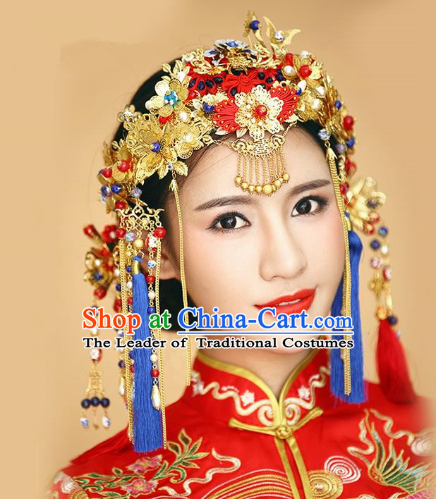 Top Grade Chinese Handmade Wedding Hair Accessories Complete Set, Traditional China Xiuhe Suit Bride Phoenix Coronet Hairpins Frontlet Headdress for Women