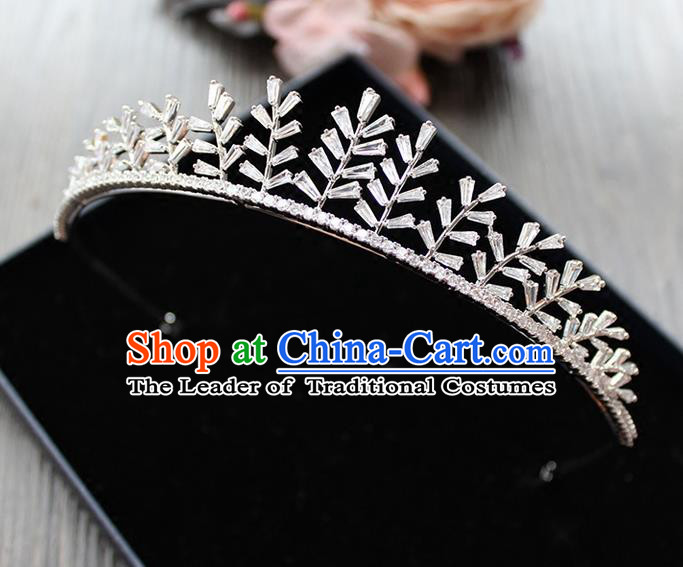 Top Grade Handmade Wedding Hair Accessories Bride Zircon Crown, Traditional Baroque Princess Crystal Leaves Royal Crown Wedding Headwear for Women