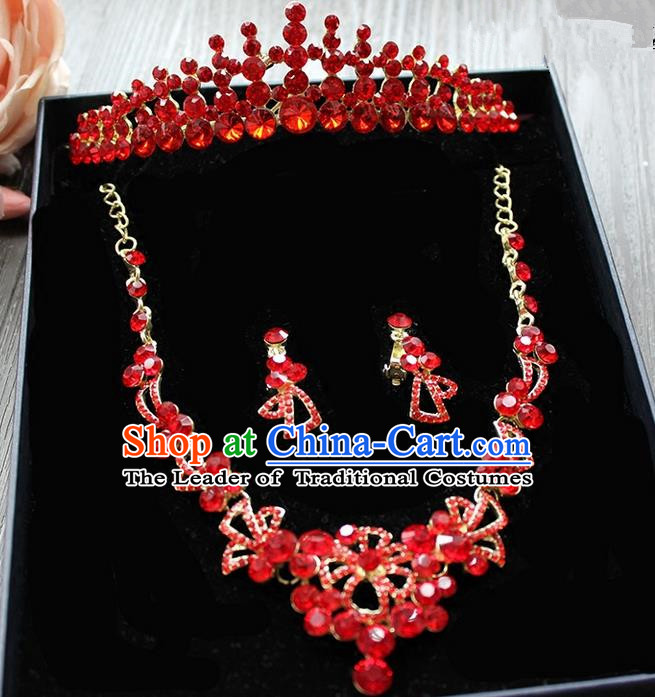 Top Grade Handmade Wedding Hair Accessories Bride Zircon Crown and Earring Necklace Complete Set, Traditional Baroque Princess Red Crystal Royal Crown Wedding Headwear for Women