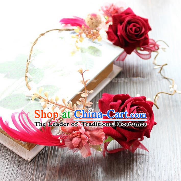 Top Grade Handmade Wedding Bride Hair Accessories Red Rose Flower Hair Clasp, Traditional Princess Baroque Hair Clip Headpiece for Women