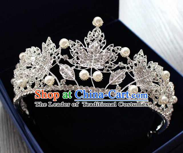 Top Grade Handmade Wedding Hair Accessories Bride Pearl Maple Leaf Crown, Traditional Baroque Princess Crystal Royal Crown Wedding Headwear for Women