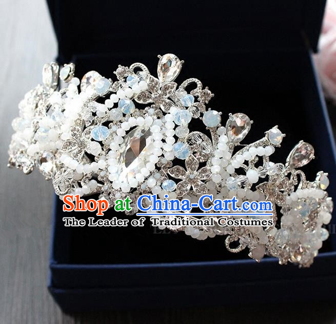 Top Grade Handmade Wedding Hair Accessories Bride Beads Opal Crown, Traditional Baroque Princess Crystal Royal Crown Wedding Headwear for Women