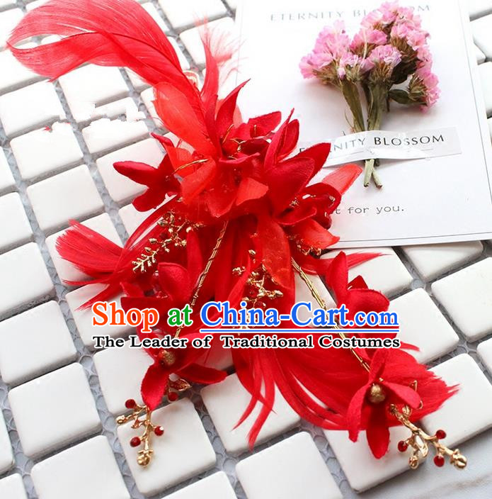 Top Grade Handmade Wedding Bride Hair Accessories Red Feather Hair Stick, Traditional Princess Baroque Hair Claws Headpiece for Women