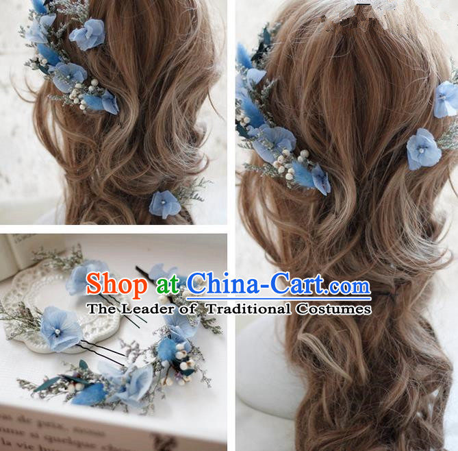 Top Grade Handmade Wedding Bride Hair Accessories Blue Flowers Hair Clasp, Traditional Princess Baroque Garland Headband Headpiece for Women