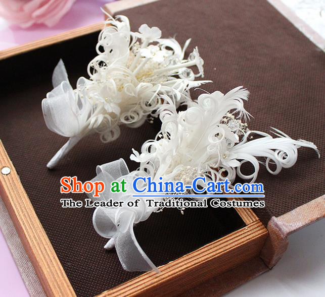 Top Grade Handmade Wedding Bride Hair Accessories White Feather Hair Claw, Traditional Princess Baroque Hair Sticks Headpiece for Women