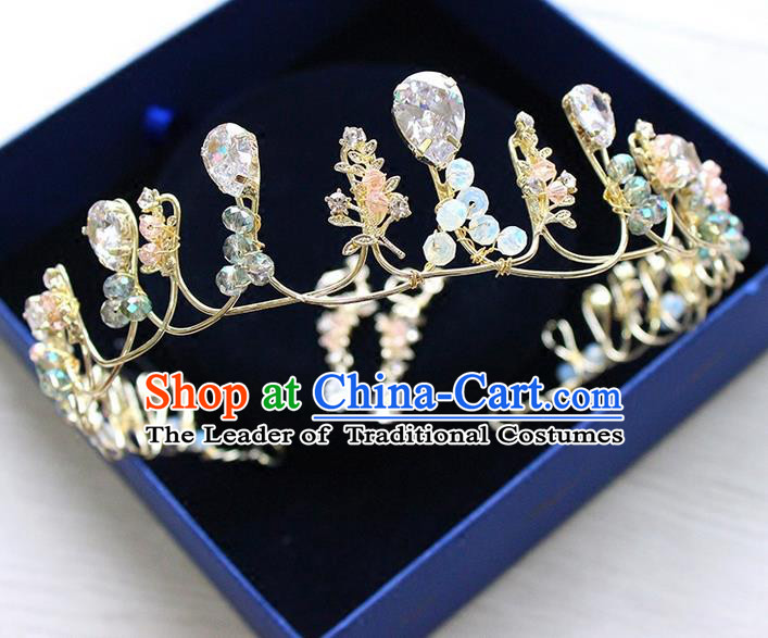 Top Grade Handmade Wedding Hair Accessories Bride Vintage Golden Opal Crown, Traditional Baroque Queen Crystal Royal Crown Wedding Headwear for Women