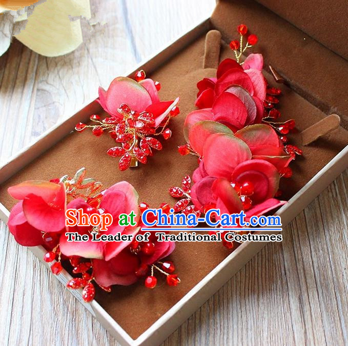Top Grade Handmade Wedding Bride Hair Accessories Red Flowers Hairpin Hair Claw, Traditional Princess Baroque Crystal Hair Stick Headpiece for Women