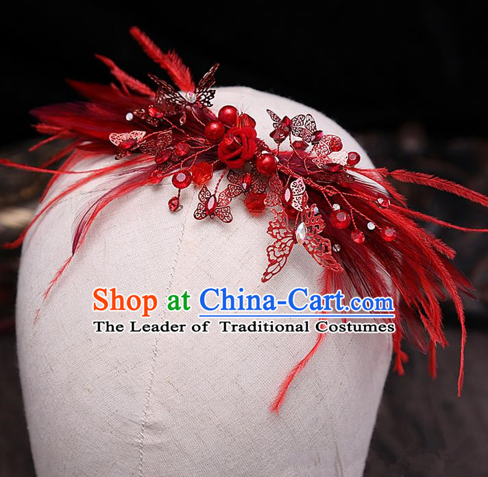 Top Grade Handmade Wedding Bride Hair Accessories Red Feather Headband Hair Claw, Traditional Baroque Princess Butterfly Hair Stick Headpiece for Women