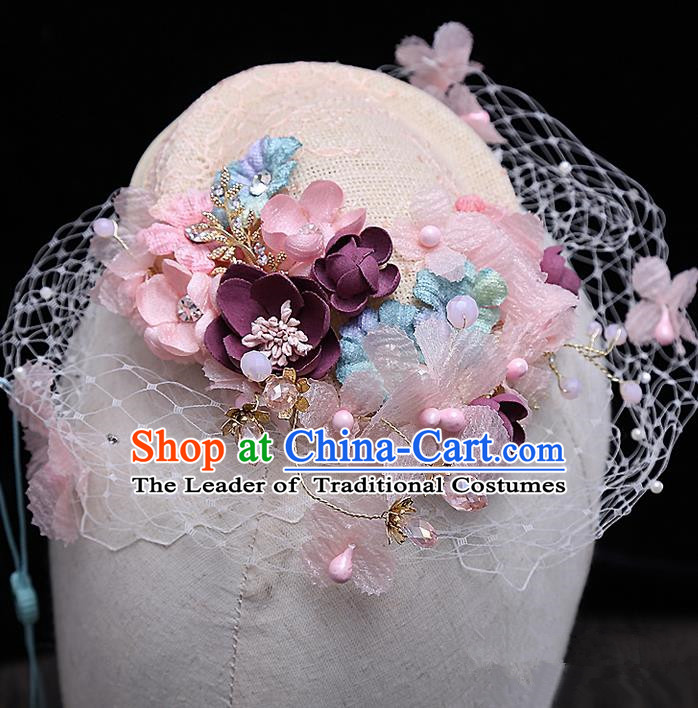 Top Grade Handmade Wedding Hair Accessories Bride Flower Veil Hat, Traditional Baroque Princess Top Hat Headpiece for Women
