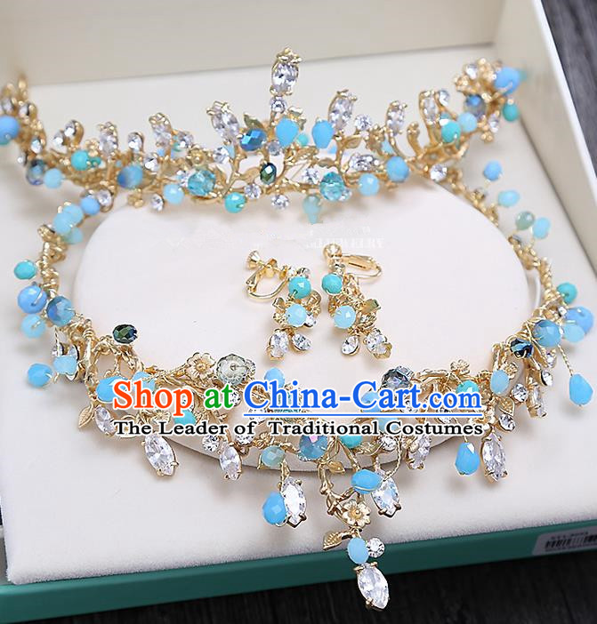 Top Grade Handmade Wedding Hair Accessories Bride Princess Blue Beads Hair Clasp and Necklace Earrings, Traditional Baroque Queen Retro Crystal Royal Crown Wedding Headwear for Women
