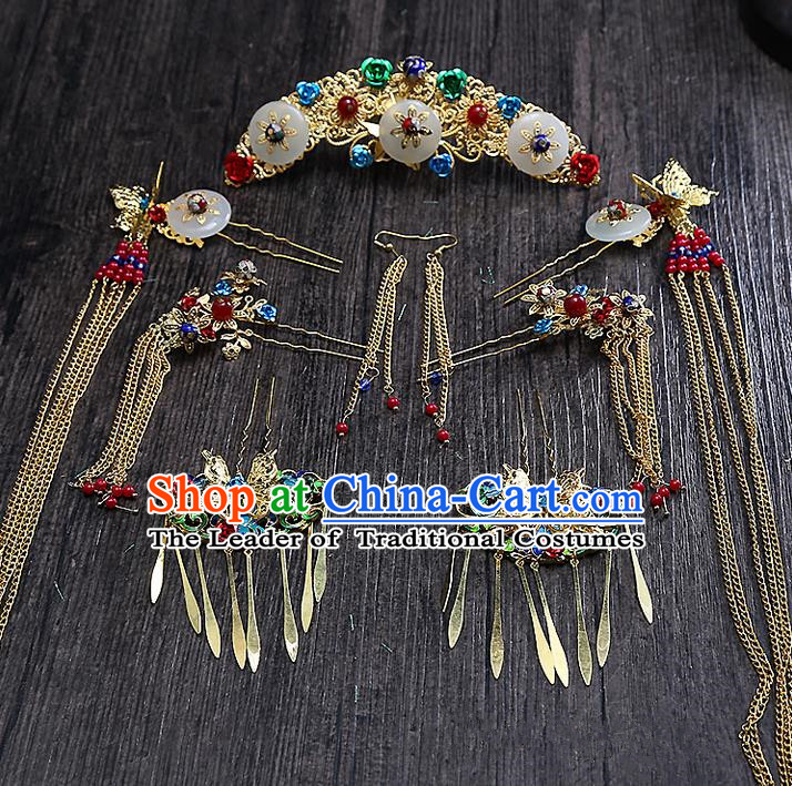 Top Grade Chinese Handmade Wedding Hair Accessories Head Ornament Complete Set, Traditional China Xiuhe Suit Bride Tassel Hairpins Step Shake Headdress for Women
