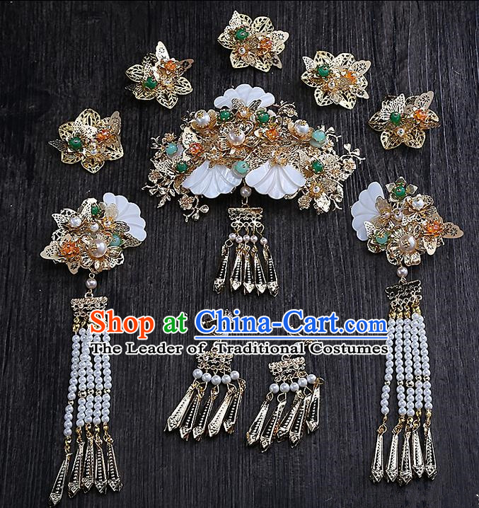 Top Grade Chinese Handmade Wedding Hair Accessories Head Ornament Complete Set, Traditional China Xiuhe Suit Bride Tassel Step Shake Headdress for Women