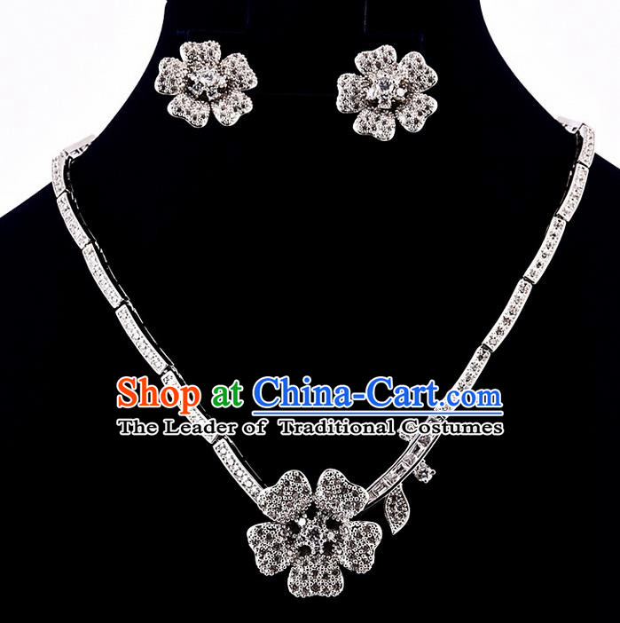 Top Grade Handmade China Wedding Bride Accessories Zircon Necklace and Earrings, Traditional Princess Diamante Wedding Torque Eardrop Jewelry for Women