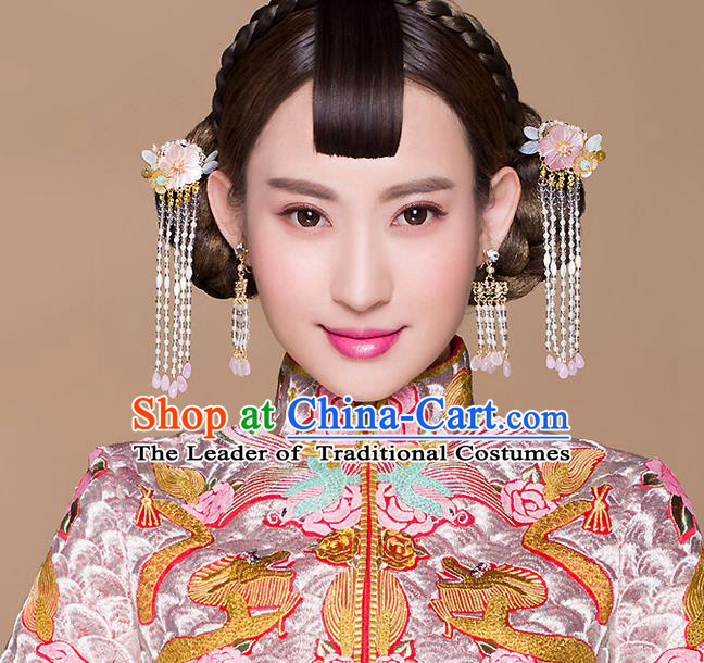 Top Grade Chinese Handmade Wedding Hair Accessories Complete Set, Traditional China Xiuhe Suit Bride Hairpins Hanfu Pink Tassel Step Shake Headdress for Women