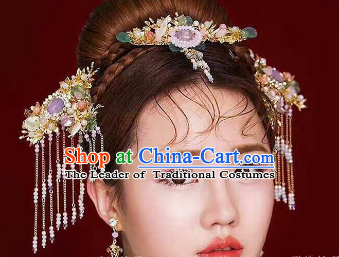 Top Grade Chinese Handmade Wedding Jade Hair Accessories Hair Combs, Traditional China Xiuhe Suit Bride Tassel Headdress Hairpins Complete Set for Women