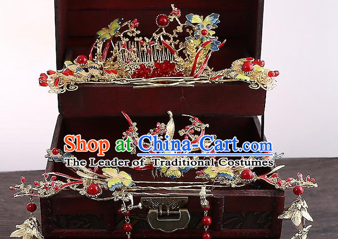 Top Grade Chinese Handmade Wedding Red Hair Accessories Hair Combs, Traditional China Xiuhe Suit Bride Phoenix Coronet Hairpins Complete Set for Women