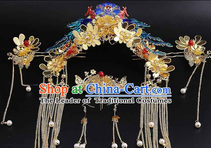 Top Grade Chinese Handmade Wedding Hair Accessories Complete Set, Traditional China Xiuhe Suit Bride Phoenix Coronet Hairpins Hanfu Tassel Headdress for Women