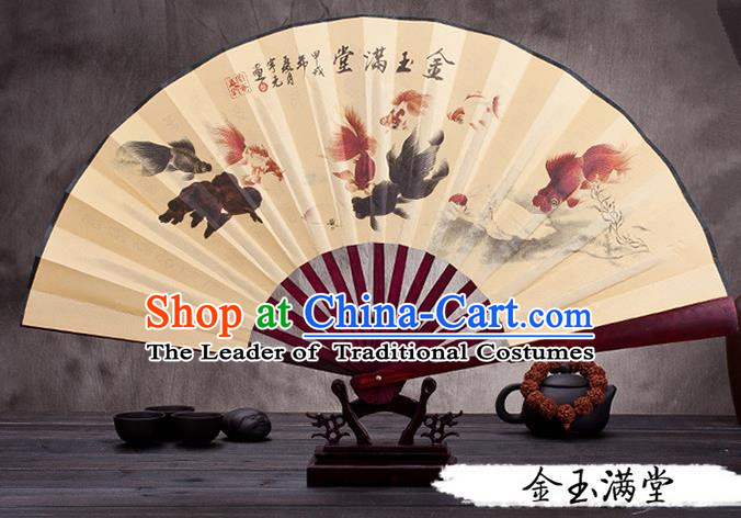 Traditional Chinese Ancient Peking Opera Accessories Scholar Ink Painting Goldfish Fan, Traditional Chinese Beijing Opera Young Men Props Folding Fans