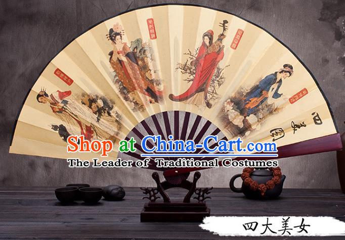 Traditional Chinese Ancient Peking Opera Accessories Scholar Ink Painting Four Great Beauties Fan, Traditional Chinese Beijing Opera Young Men Props Folding Fans