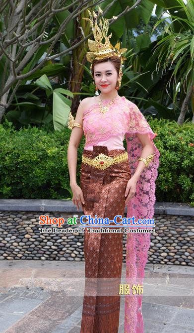 Traditional Traditional Thailand Female Clothing, Southeast Asia Thai Ancient Costume Dai Nationality Wedding Bride Pink Sari Dress for Women