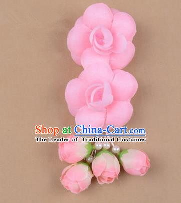 Chinese Ancient Peking Opera Hair Accessories Diva Temple Pink Flowers Hairpins, Traditional Chinese Beijing Opera Princess Hua Tan Hair Clasp Head-ornaments