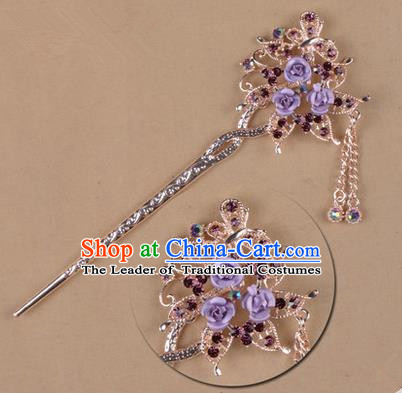 Top Grade Chinese Ancient Peking Opera Hair Accessories Diva Purple Crystal Flowers Hairpins Step Shake, Traditional Chinese Beijing Opera Hua Tan Hair Clasp Head-ornaments
