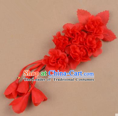 Top Grade Chinese Ancient Peking Opera Hair Accessories Diva Crystal Temple Red Jasmine Flowers Hairpins, Traditional Chinese Beijing Opera Hua Tan Hair Clasp Head-ornaments