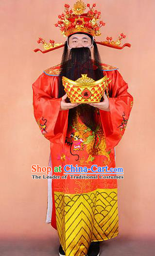 Traditional Chinese Beijing Opera Niche God of Wealth Clothing and Boots Complete Set, China Peking Opera Mammon Embroidered Robe Opera Costumes