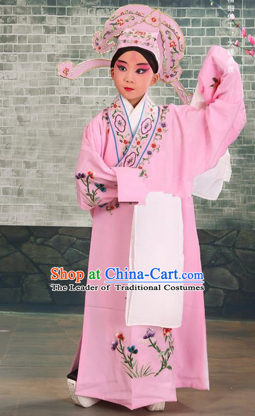 Traditional Chinese Beijing Opera Niche Pink Children Clothing and Boots Complete Set, China Peking Opera Young Men Costume Embroidered Robe for Kids
