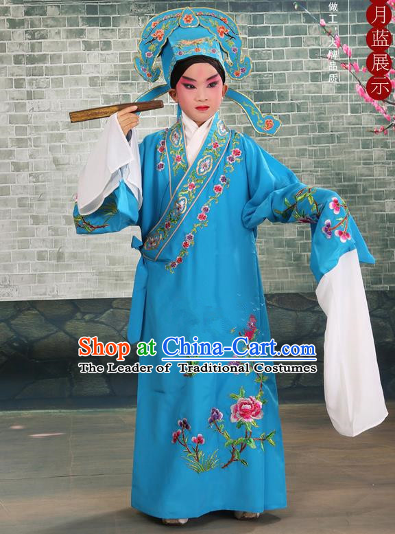 Traditional Chinese Beijing Opera Niche Blue Children Clothing and Boots Complete Set, China Peking Opera Young Men Costume Embroidered Robe for Kids