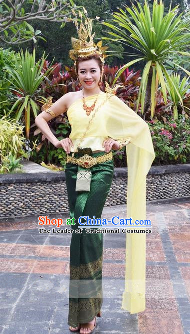 Traditional Traditional Thailand Princess Clothing, Southeast Asia Thai Ancient Costumes Dai Nationality Wedding Green Sari Dress for Women